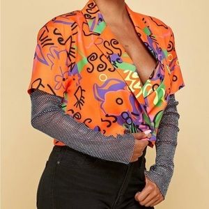 Rhinestone Net Sleeve Graffiti Blazer 🧡💜